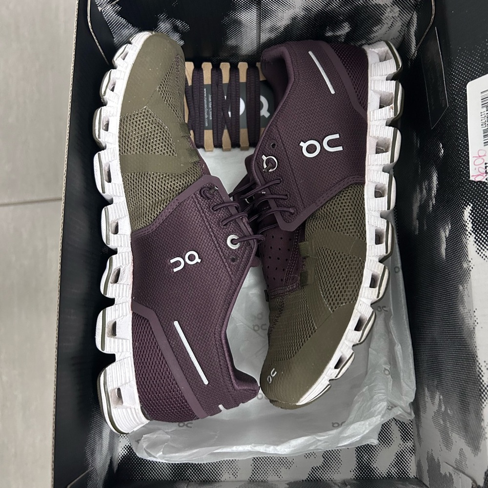On Running Olive and Purple Sneakers